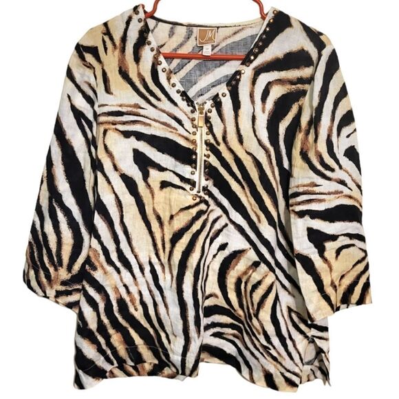 JM Collection Petite Zebra Print 100% Linen Blouse, Petite 12P - Picture 1 of 6